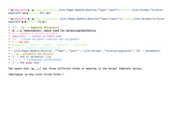 A visualization of what different symbols of the templating syntax mean in our example. It turns out that the space char carries three differnt meanings: an aesthtic space, a start of a parameter list, a delimiter between parameters.