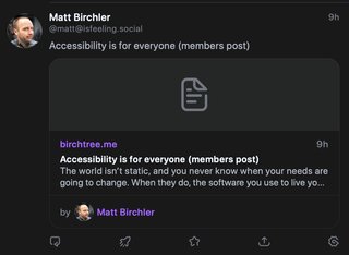 A screenshot of an example post that has an excerpt of the linked post, instead of the blog description. The referenced post is this one: [isfeeling.social/@matt/113...](https://isfeeling.social/@matt/113472646838404913)