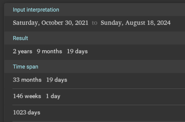 A screenshot from Wolfram Alpha showing that it's been 1023 days from 2021-10-30 to 2024-08-18 amongst other things.