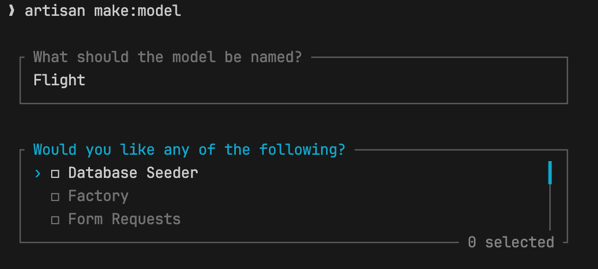 CleanShot 2024-09-09 at 14.35.53@2x.png A screenshot of the artisan make:model cli command, showing that it allows to create a database seeder when creating a model.