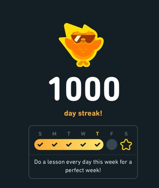 A screenshot of the duolingo web app showing off the 1000 day streak