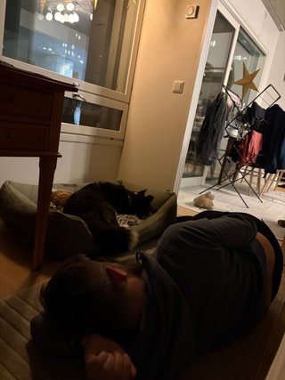 A man lying on the floor and a black and white corgi cardigan lying in her dog bed. It