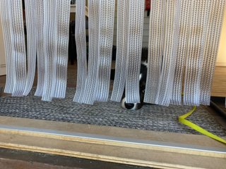 A black and white corgi cardigan lying inside a cottage, photographed through plastic curtain strips meant to keep mosquitos and the like outside.
