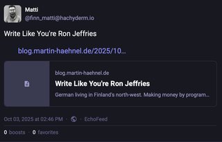 A screenshot showing a cross posted link to my Ron Jeffries article. It shows that my &quot;preview card&quot; for the blog post includes the blog