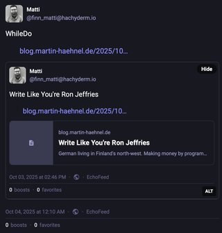 A screenshot showing a cross posted link to my WhileDo article. This one has an image attached which makes it look like these two posts are somehow nested within each other.